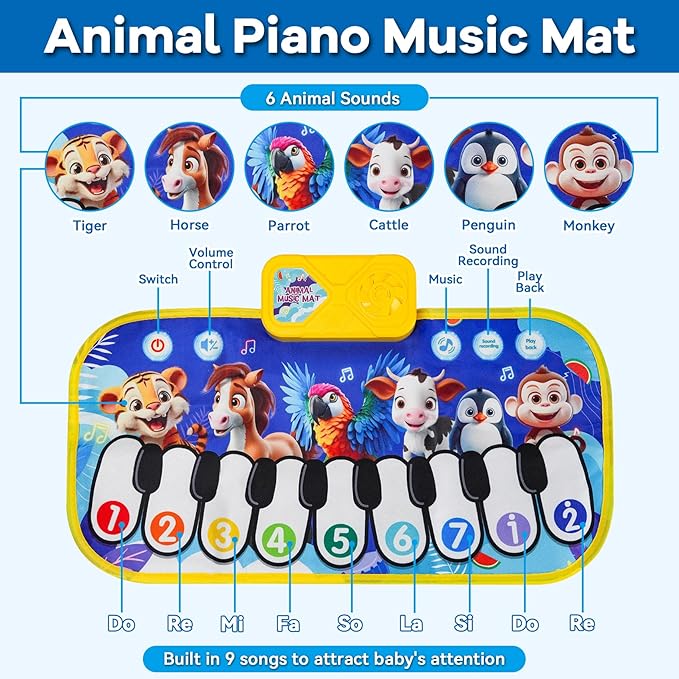 Floor Piano Mat for Toddlers,Musical Mats W/ Animal Sounds&Songs,Kids Sensory Educational Carpet Toys,Blanket Touch Playmat for Boys,Girl Birthday Gift