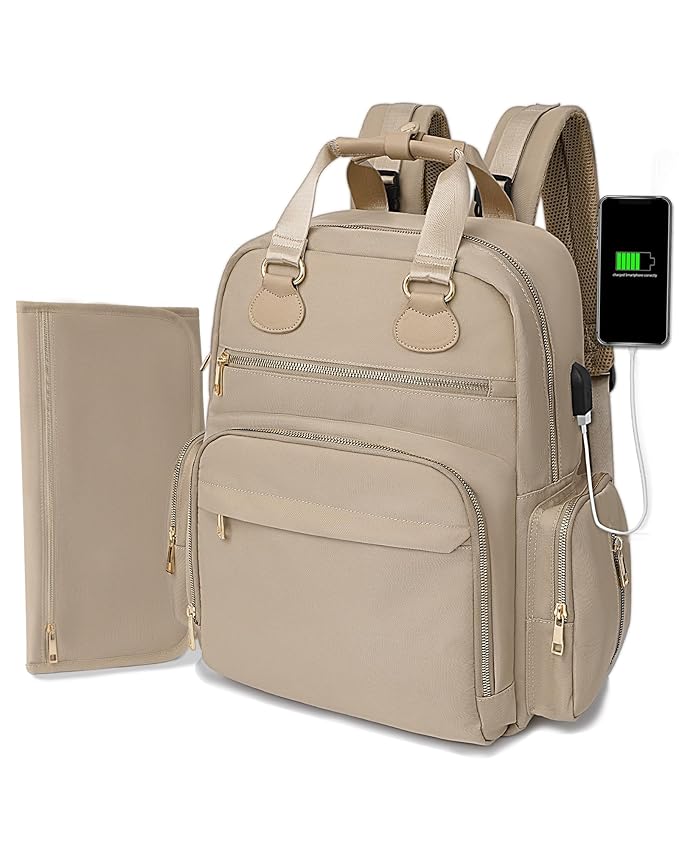 Diaper Bag Backpack, Baby Diaper Bag with 17 Pockets, Travel Baby Bag Backpack for Girl Boy, Large Diaper Bag with Changing Pad,USB Charging Port,Wet Dry Bag, Khaki