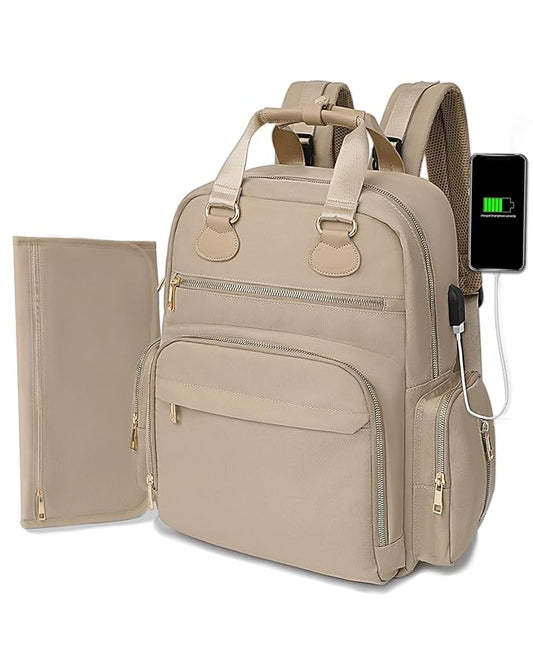 Diaper Bag Backpack, Baby Diaper Bag with 17 Pockets, Travel Baby Bag Backpack for Girl Boy, Large Diaper Bag with Changing Pad,USB Charging Port,Wet Dry Bag, Khaki