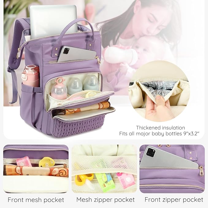 AIJIEKE Diaper Bag, Large Wide-Open Baby Diaper Backpack, Multi-functional Baby Travel Tote Bag, Diaper Bag with Changing Pad, Diaper Bags for Mom & Maternity (Purple)