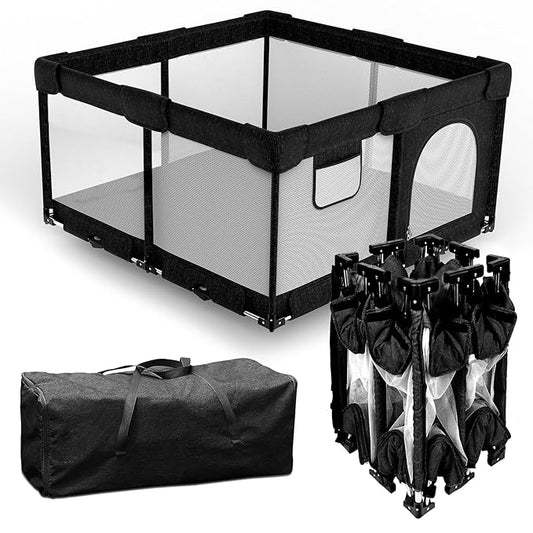 Foldable Baby Playpen with Gate, Extra Large Collapsible Play Yard for Babies & Toddlers, Portable Travel Play Pen with Fence, Safe Activity Center for Indoor & Outdoor Use (51"×51" Black)