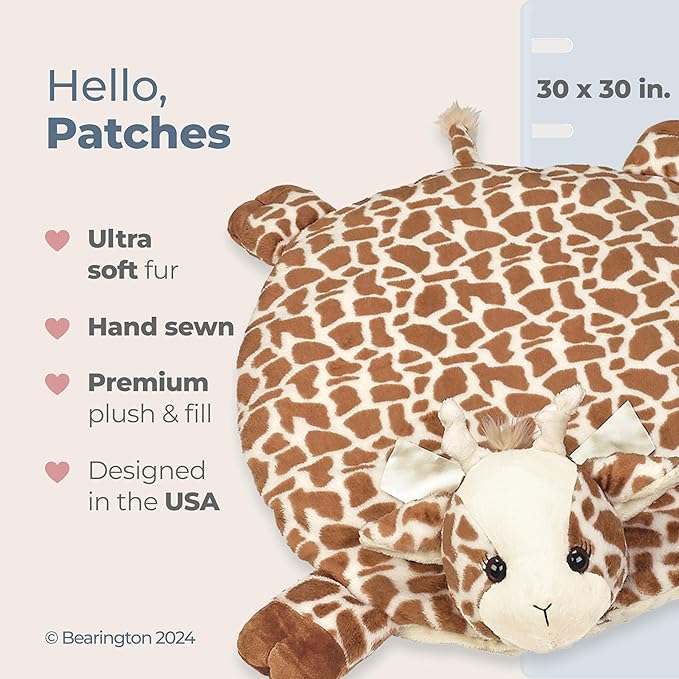 Bearington Baby Patches Tummy Time Mat, 30 x 30 Inch Giraffe Plush Stuffed Animal Blanket, Giraffe Baby Stuff for Nursery Décor