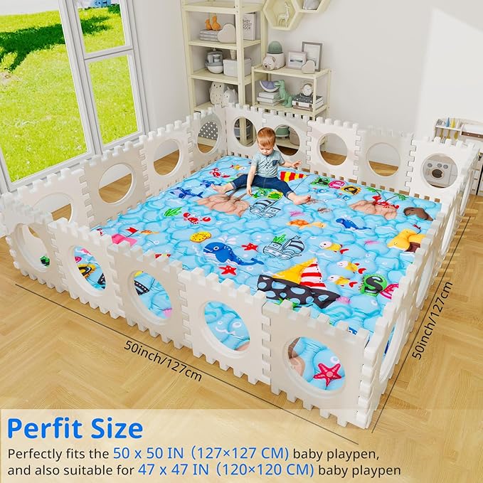 Ocean Baby Gyms Playmats for Playpen 50"×50" Marine Animals Play Mat for Playpen Playyards Thicken Soft Padding Foam Playmats for Babies Toddlers Infants Baby Crawling Mat Pad Tummy Time