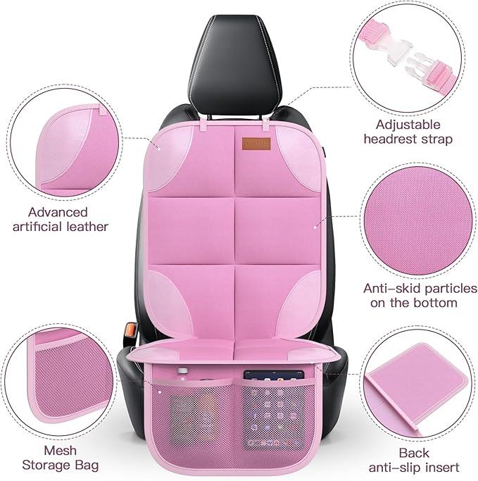 SMART ELF Car Seat Protector, 2Pack Seat Protector Protect Child Seats with Thickest Padding and Non-Slip Backing Mesh Pockets for Baby and Pet,Sedan SUV Truck (Pink)