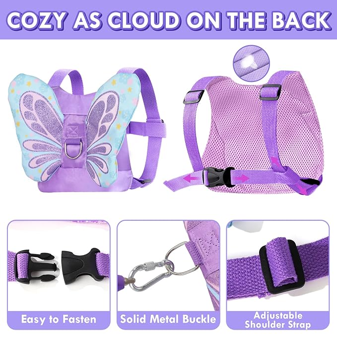 Lehoo Castle Toddler Leash for 1-5 Years, Baby Safety Harness for Girls with Anti-Lost Key Lock & Adjustable Strap, 3-in-1 Wrist Leash and Kids Backpack Harness for Walking Travel (Purple Butterfly)