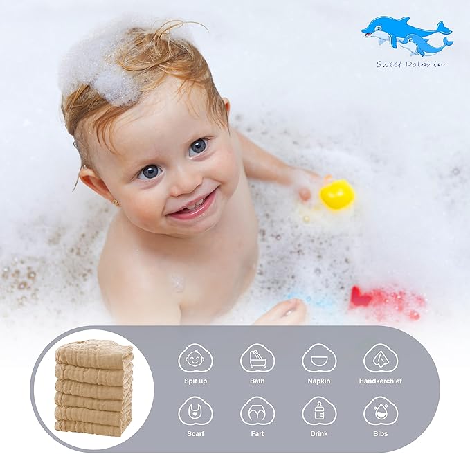 SWEET DOLPHIN 12 Pack Baby Muslin Washcloths - Soft Face Cloths for Newborn, Absorbent Bath Wash Cloths, Wipes, Burp Rag - Toddlers Essentials Stuff, Baby Registry as Shower -10"x10", Brown