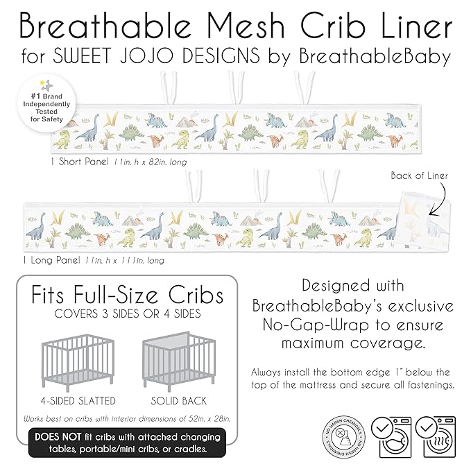 Sweet Jojo Designs + BreathableBaby 2-Piece Breathable Mesh Crib Liner Set (Watercolor Dinosaur Dino) for Boys, Baby, Infants/Newborn Nursery (Modern, Dinosaurs, Jurassic, Nature, Animal, Green, Blue)