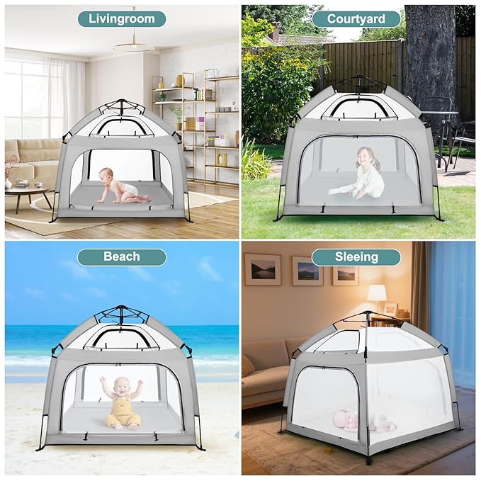 Portable Baby Playpen with Canopy, Infant Play Yard, Beach Tent, Mosquito Net for Indoor and Outdoor (Grey)