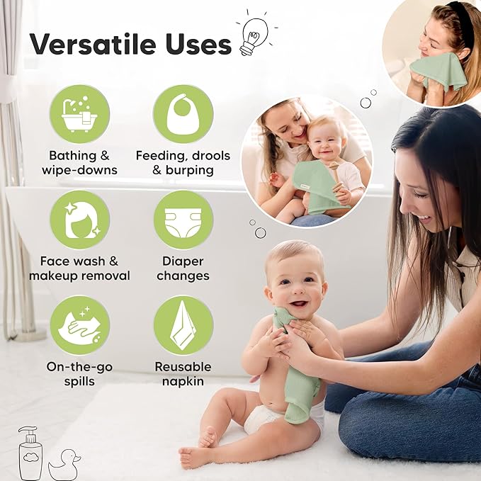 6-Pack Soft Baby Washcloths, Viscose from Bamboo - Kids, Newborn Bath Towels, Infant Shower, Toddler Reusable Face Towel, Gentle on Skin, Face Wash Cloths for Babies, 10x10 (Pistachio)