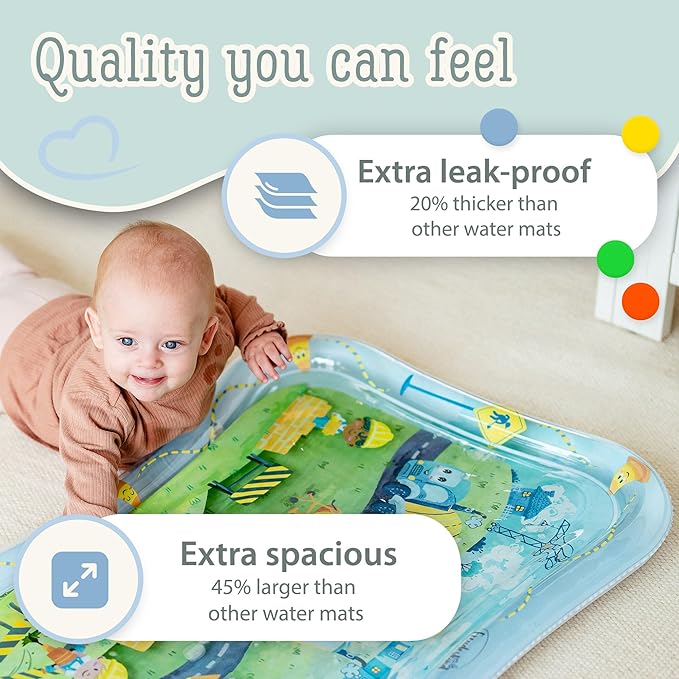 Tummy Time Water Mat for Babies – XXL Sensory Baby Water Play Mat – Award-Winning Infant Activity Mat for Motor Development – Premium, Baby-Safe Water Tummy Time Mat – Construction Site