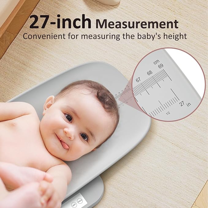 Multifunctional Baby & Pet Scale - Weigh Up to 330lbs, Digital with Hold Function, Height Measurement, 5 Units, LED Screen Grey