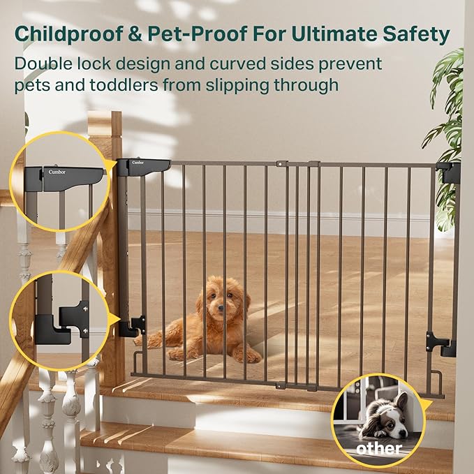 Cumbor 29.2–43" Baby Gate for Stairs, Wall-Mounted (Drill Required), Expandable No Bottom Bar Dog Gate, Auto Close Extra Wide Walk Thru, Pet & Toddler Proof Gate, Top & Bottom of Stairways (Brown)