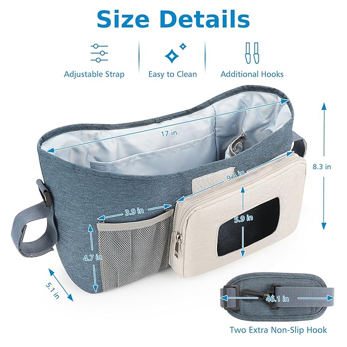 Accmor Universal Stroller Organizer with Insulated Cup Holder, Stroller Caddy Bag Accessories, Stroller Cup Holder Organizer for Uppababy Baby Jogger Britax Stroller, Blue