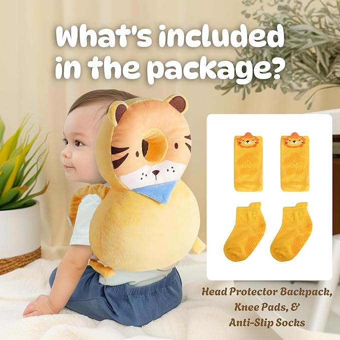 Baby Head Protector Backpack (9 to 24 Months) - Cute Head Guard Pillow with Knee Pads and Socks, Crawling and Walking Safety Set, Toddler Head Cushion Backpack, Yellow Lion