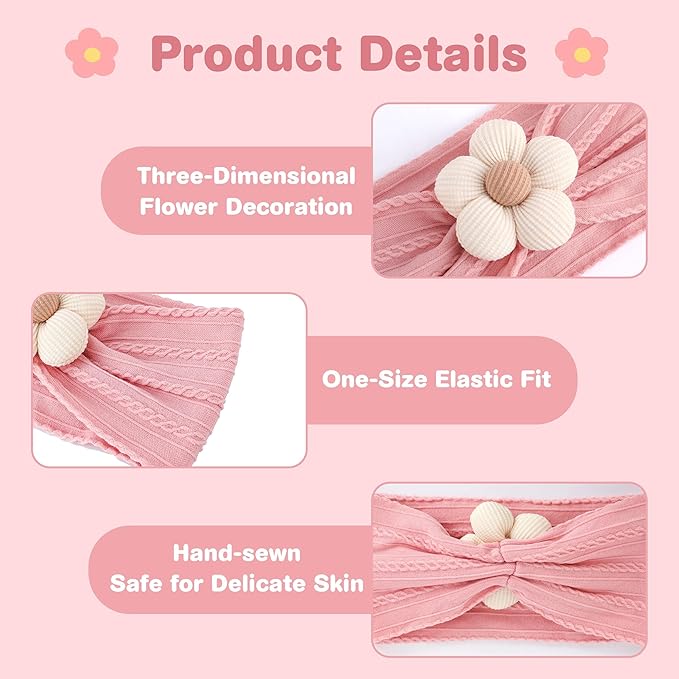 6 Pcs Baby Girls' Headbands Gifts for Newborn Infant Toddler Handmade Soft Comfortable Elasticity Nylon Baby Flower Hairbands Essentials Accessories