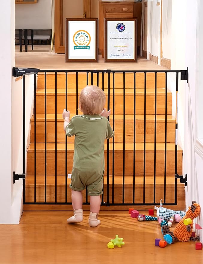 Babelio Baby Gate for Stairs, Kitchen & Doorways, 26-41" W 34" H Extra Tall| No Bottom Bar| Easy Installation| One-Handed Operation| Auto-Close| Hardware Mount Safety Dog/Pet Gate Indoor (Black)