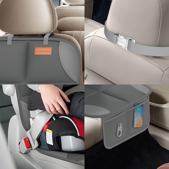 SMART ELF Car Seat Protector for Child Car Seat - Waterproof 600D Fabric Baby Seat Protectors for Non-Slip Backing Mesh Pockets for Baby and Pet, Easy Storage(Dark Gray)