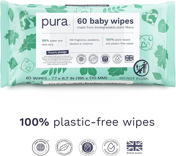 Pura Baby Wipes 12 x 60 Wipes (720 Wipes), 100% Plastic-Free & Plant Based Wipes, 99% Water, Suitable for Sensitive & Eczema-prone Skin, Fragrance Free & Hypoallergenic, EWG, Cruelty Free