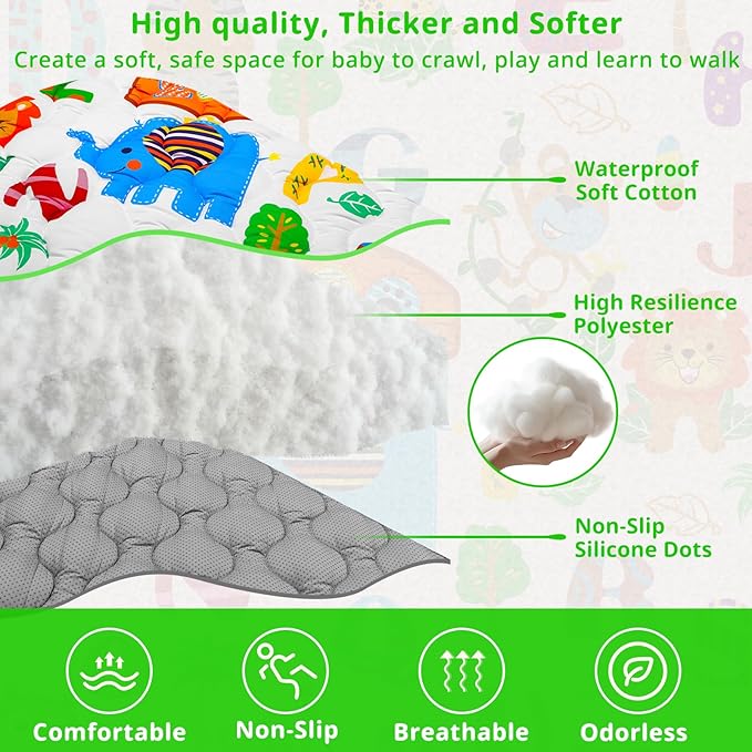 Baby Gyms Playmats for Playpen, 50"×50" Safari Zoo Alphabet Play Mat Waterproof ABC Learning Mat Jungle Themed Nursery Floor Playyards Thicken Soft Polyester Padding for Toddlers Infants