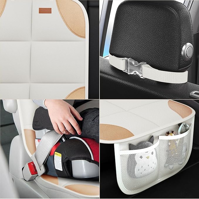 SMART ELF Car Seat Protector, 2Pack Seat Protector Protect Child Seats with Thickest Padding and Non-Slip Backing Mesh Pockets for Baby and Pet,Sedan SUV Truck (Beige Brown)