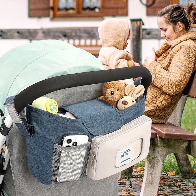 Accmor Universal Stroller Organizer with Insulated Cup Holder, Stroller Caddy Bag Accessories, Stroller Cup Holder Organizer for Uppababy Baby Jogger Britax Stroller, Blue