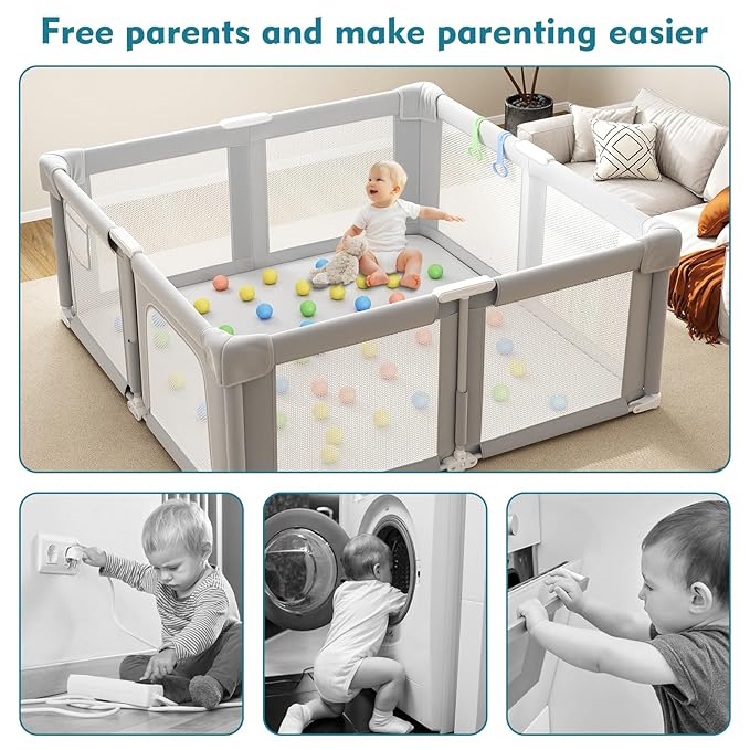 Foldable Baby Playpen, 51" Playpen for Babies and Toddlers with Mat Ocean Balls and Pull Links, Play Pen with Soft Breathable and Visible Mesh, Indoor and Outdoor Portable Play Pen, Gray