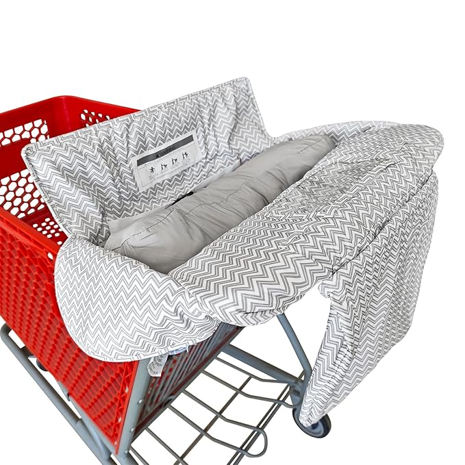 Soft Pillow Attached 2-in-1 Shopping Cart and High Chair Cover for Baby, Cotton Padded Cart Cover, Fold'n Roll Style, Portable with Carry Bag (Gray Chevron)