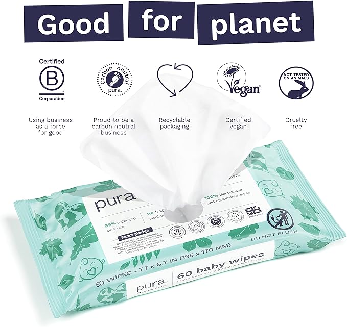 Pura Baby Wipes 12 x 60 Wipes (720 Wipes), 100% Plastic-Free & Plant Based Wipes, 99% Water, Suitable for Sensitive & Eczema-prone Skin, Fragrance Free & Hypoallergenic, EWG, Cruelty Free