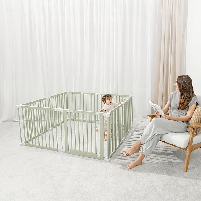 Comfy Cubs Baby Gate Playpen - 57 x 57 x 25 in, Extends Up to 228” - Pine Wood Foldable Playpen with Child-Proof Lock - Easy Assembly Baby Fence Play Area for Babies & Toddlers - Sage