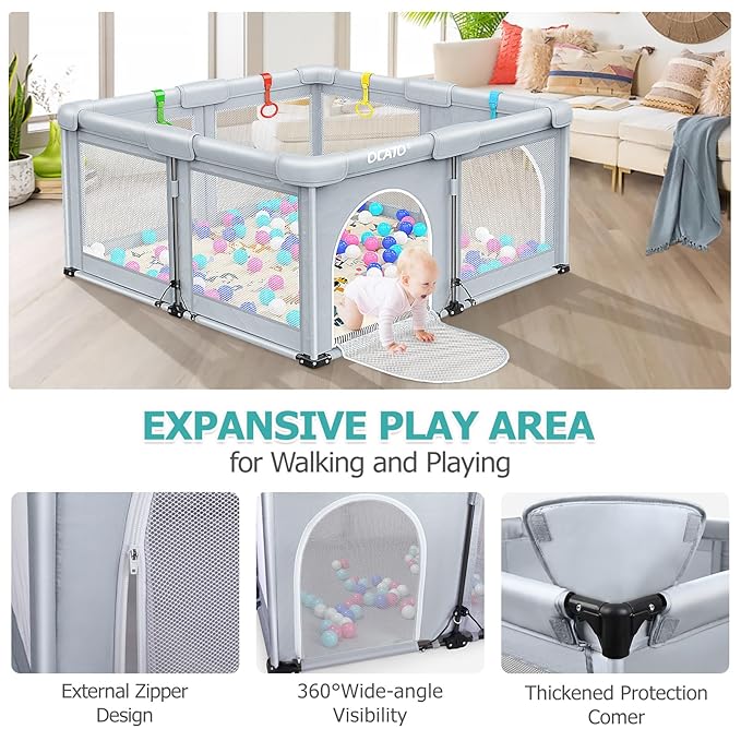 OCATO Baby Playpen with Mat: Foldable Playpen for Babies and Toddlers Play Pen Portable Playpens Fence Indoor Outdoor Kids Safety Area Play Yard with 50x50 Playpens Mat 4 Handlers 50 Balls (50" × 50")