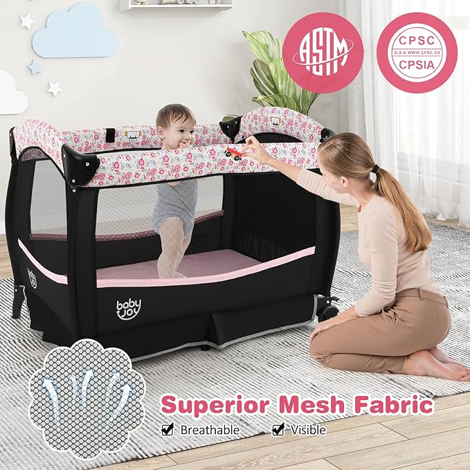 BABY JOY 4 in 1 Pack and Play, Portable Baby Playard with Bassinet & Flip-Away Changing Table, Canopy, Infant Bassinet with Storage Basket, Oxford Bag from Newborn to Toddlers (Pink Flower)