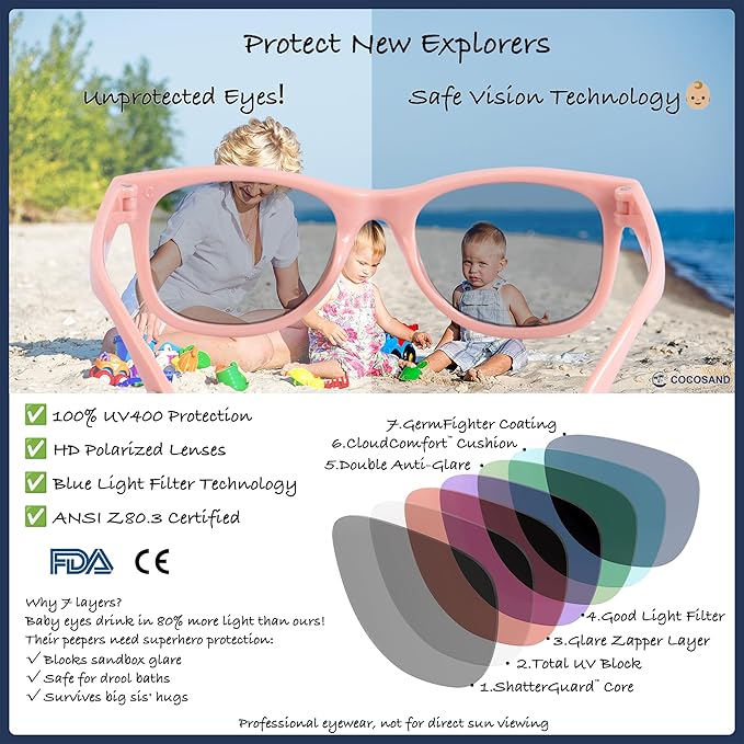 COCOSAND Flexible Polarized Baby Sunglasses with Strap UV Protection for Toddler Infant Girl Boy Age 0-24 Months