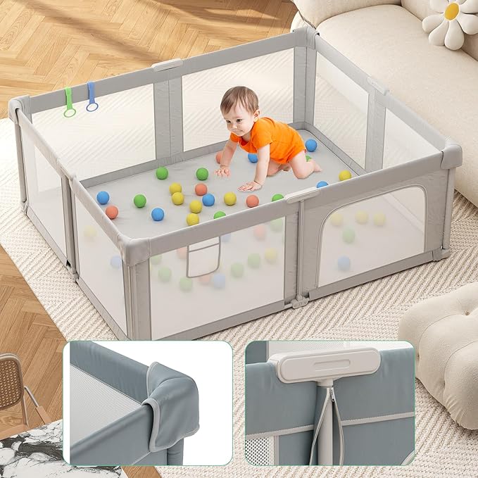 Baby Playpen with Mat for Babies and Toddlers, 73" x 61" Large Baby Play Pen Playard for Indoor & Outdoor with Soft Breathable Mesh, Ocean Balls and Pull Links, Dark Grey