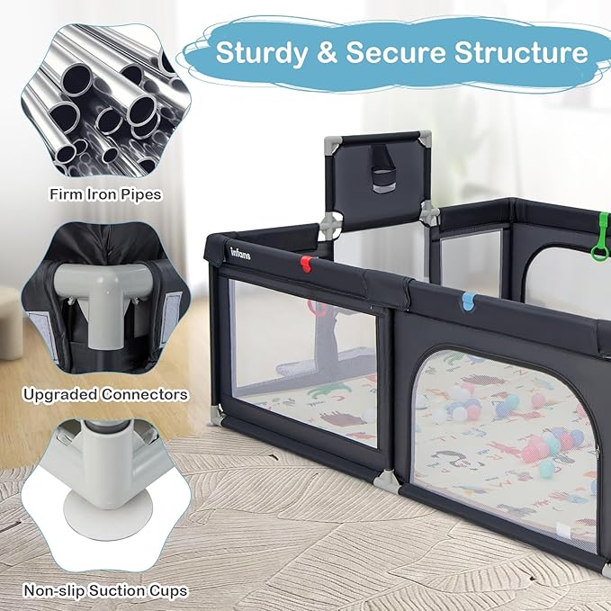 INFANS Baby Playpen, 74” x 62” Extra Large Baby Play Yard with Crawling Mat, 50 Ocean Balls, 4 Pill Up Rings, Basketball Hoop and 2 Football Gates for Toddlers, Indoor Activity Center (Dark Gray)