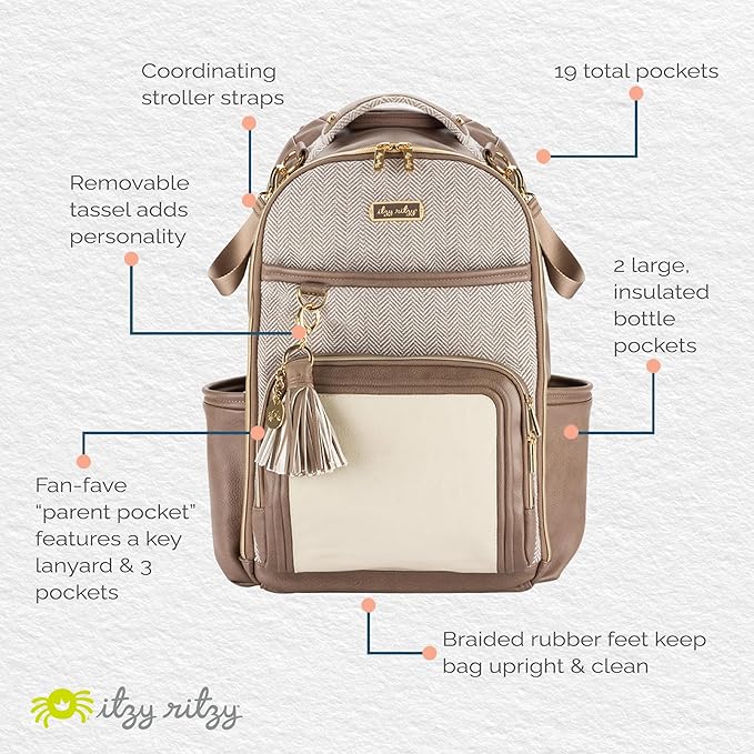 Itzy Ritzy Diaper Bag Backpack – Large Capacity Boss Plus Baby Backpack Diaper Bag Featuring 19 Pockets, Changing Pad, Stroller Clips, and Comfortable Straps (Vanilla Latte)