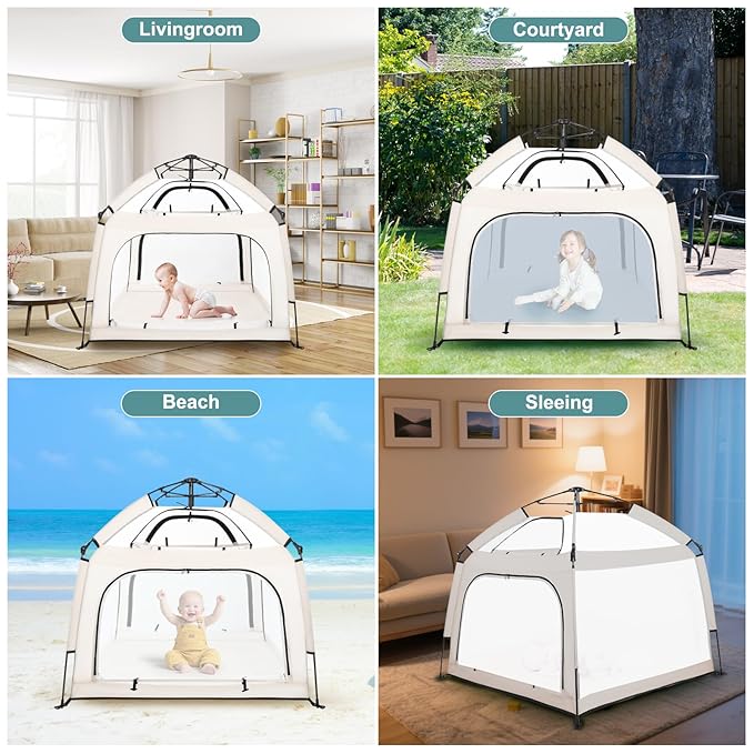 Portable Baby Playpen with Canopy, Infant Play Yard, Beach Tent, Mosquito Net for Indoor and Outdoor (Beige)