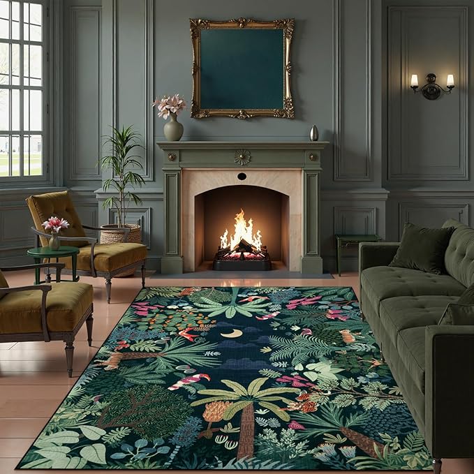 LIVEBOX Washable Jungle Dark Green Rug 5x7 for Living Room, Non-Slip Kids Bedroom Aesthetic Rug for Boy Play Room, Soft Stain Resistant Botanical Rugs for Nursery Dining Decor