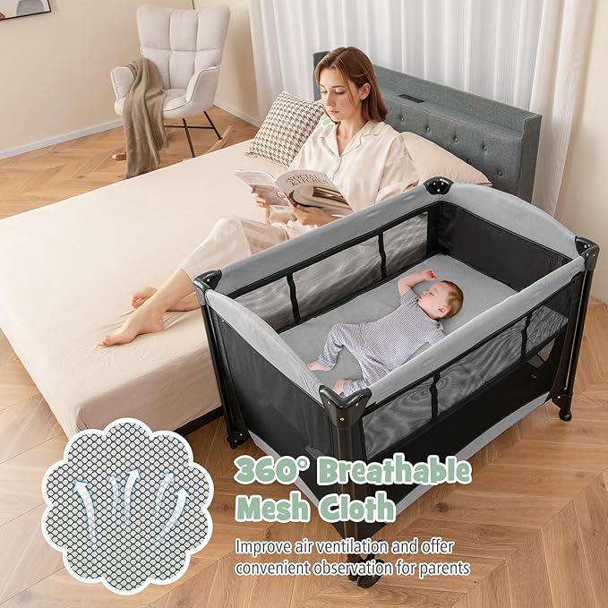 HONEY JOY Pack and Play with Bassinet, 5 in 1 Portable Baby Playard w/Changing Table, Removable Infant Full-Size Bassinet & Mattress, Diaper Storage Bag, Foldable Newborn Nursery Center w/Carry Bag