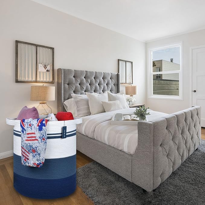 COMSE Extra Large Blanket Basket, Tall Laundry Basket, Nursery Hamper, 15.7”x 21.7”, Cotton Rope Woven Laundry Hamper for Storage Toys Clothes Towels, Gradient Blue