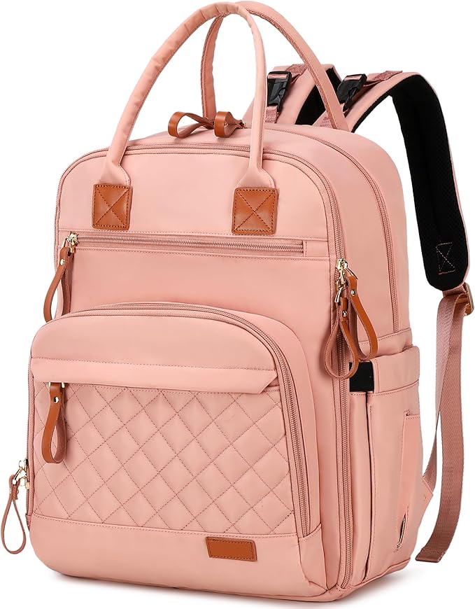 18 Pockets Diaper Bag Backpack with Waterproof Pockets and Stroller Buckle, Convertible Tote Bag (Pink, Large)