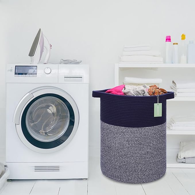 Large Laundry Hamper for Girls Boys Kids 72L, Nursery Hamper, Tall Laundry Basket, Cotton Rope Woven Blanket Basket for Storage Toys Clothes Towels, 16”x 22”, Navy Blue