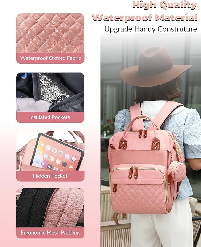 Diaper Bag with Changing Station, Waterproof 3 in 1 Baby Diaper Backpack with Foldable Changing Pad, Large Travel Back Pack for Baby Girl Boy, Peach Pink