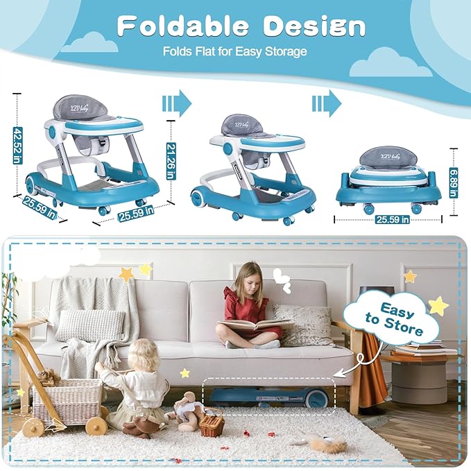 Baby Walker with Wheels 4 in 1 Foldable Activity Center with Mute Wheels Adjustable Heights Anti-Fall Activity Center for Boys Girls Safe Infant Toddler Walker with Footrest for 6-24 Months