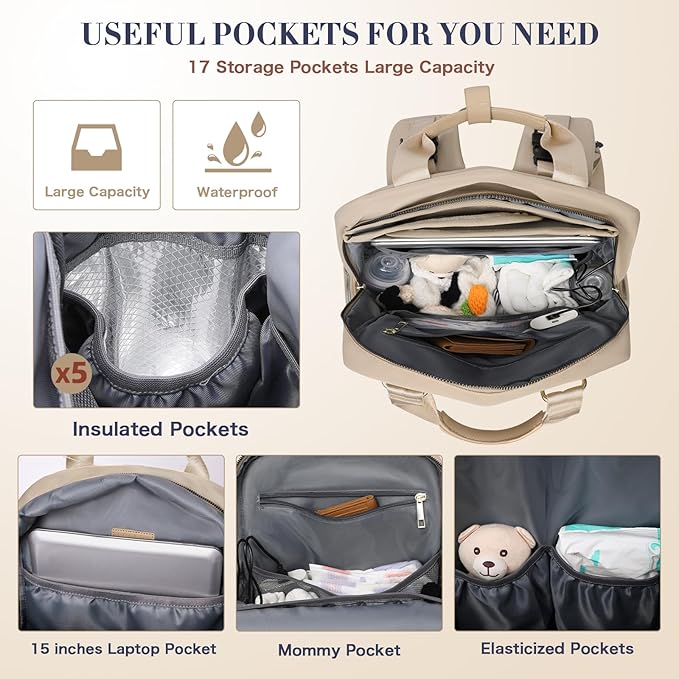 Diaper Bag Backpack, Baby Diaper Bag with 17 Pockets, Travel Baby Bag Backpack for Girl Boy, Large Diaper Bag with Changing Pad,USB Charging Port,Wet Dry Bag, Khaki