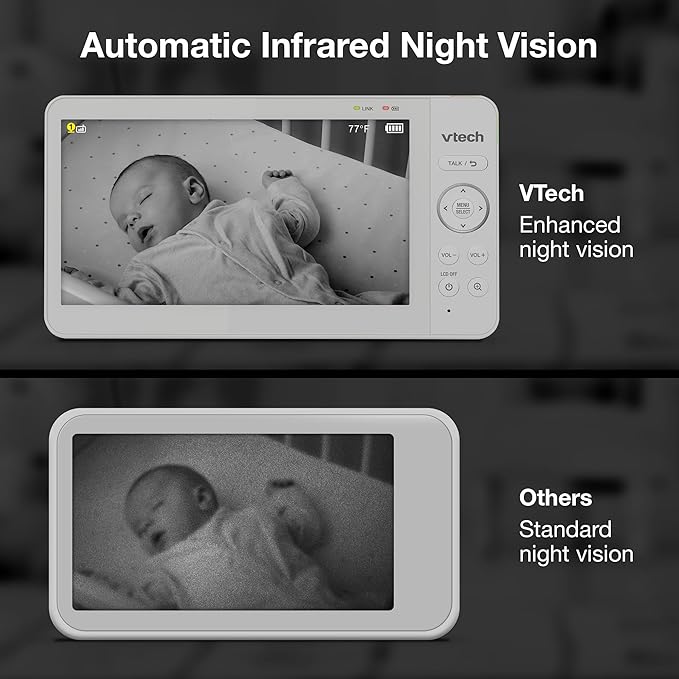 VTech Advanced HQ Max Twin 7" Digital Video 2-Cameras Baby Monitor with Pan Tilt Zoom, Long Battery Life 5000mAh, IPS Screen, Adaptive Multi-Color Night Light, 2-Way Talk, HQ Display, No WiFi, White
