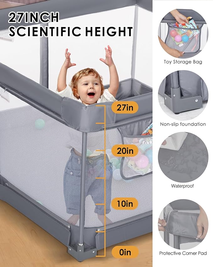 Foldable Baby Playpen with Non-Removable Thick Mat, Extra Large Collapsible Play Yard for Babies & Toddlers, Portable Travel Playpen with Gate, Safe Activity Center (51"×51" Gray)