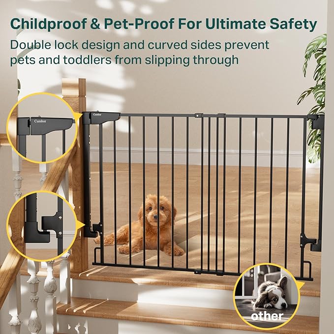 Cumbor 29.2–43" Baby Gate for Stairs, Wall-Mounted (Drill Required), Expandable No Bottom Bar Dog Gate, Auto Close Extra Wide Walk Thru, Pet & Toddler Proof Gate, Top & Bottom of Stairways(Black)