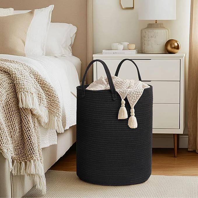 Black Woven Laundry Basket, 15"x18" Tall Basket for Blankets, Wicker Hamper for Bedroom Aesthetic, Decorative Storage Hamper for Clothes, Towel, Rope Storage Bin for Living Room, Bathroom