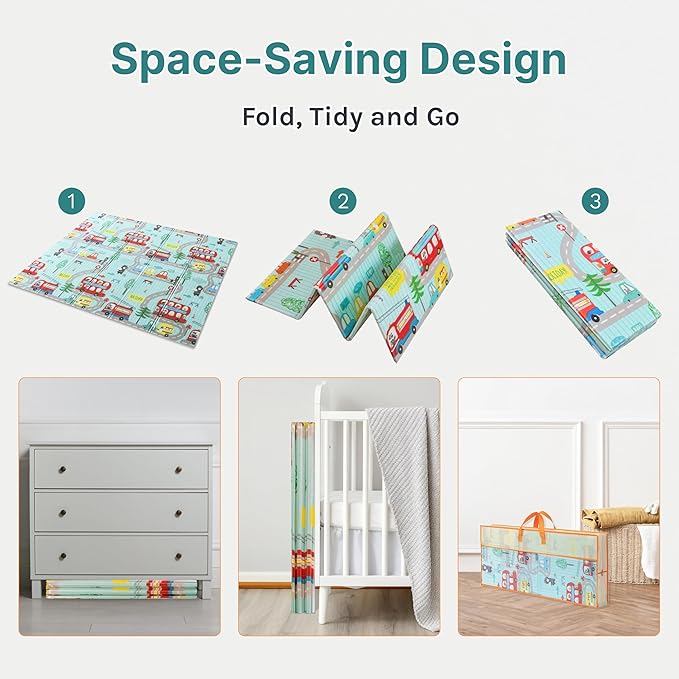 Foldable Baby Play Mat, Extra Large, Non-Toxic, Waterproof Activity Playmats for Babies, Education for Infant, Non-Slip Double Sided (79”x71” 0,4in Olive) boy and Girl