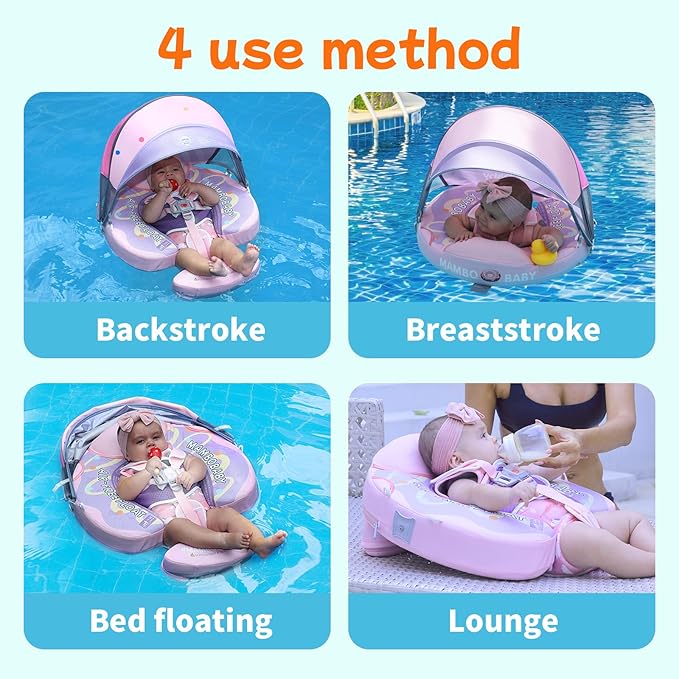 Mambobaby Float with Canopy and Tail New Upgraded Non-Inflatable Baby Pool Float Mambo Float Swim Trainer Solid Infant Swim Float Adjustable Pearl Foam Baby Swim Ring